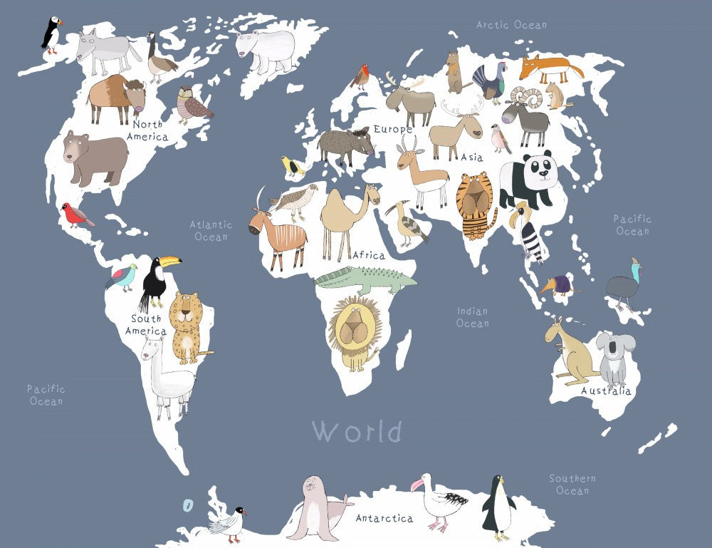 Illustrierte Karte der Welt mit niedlichen Tieren