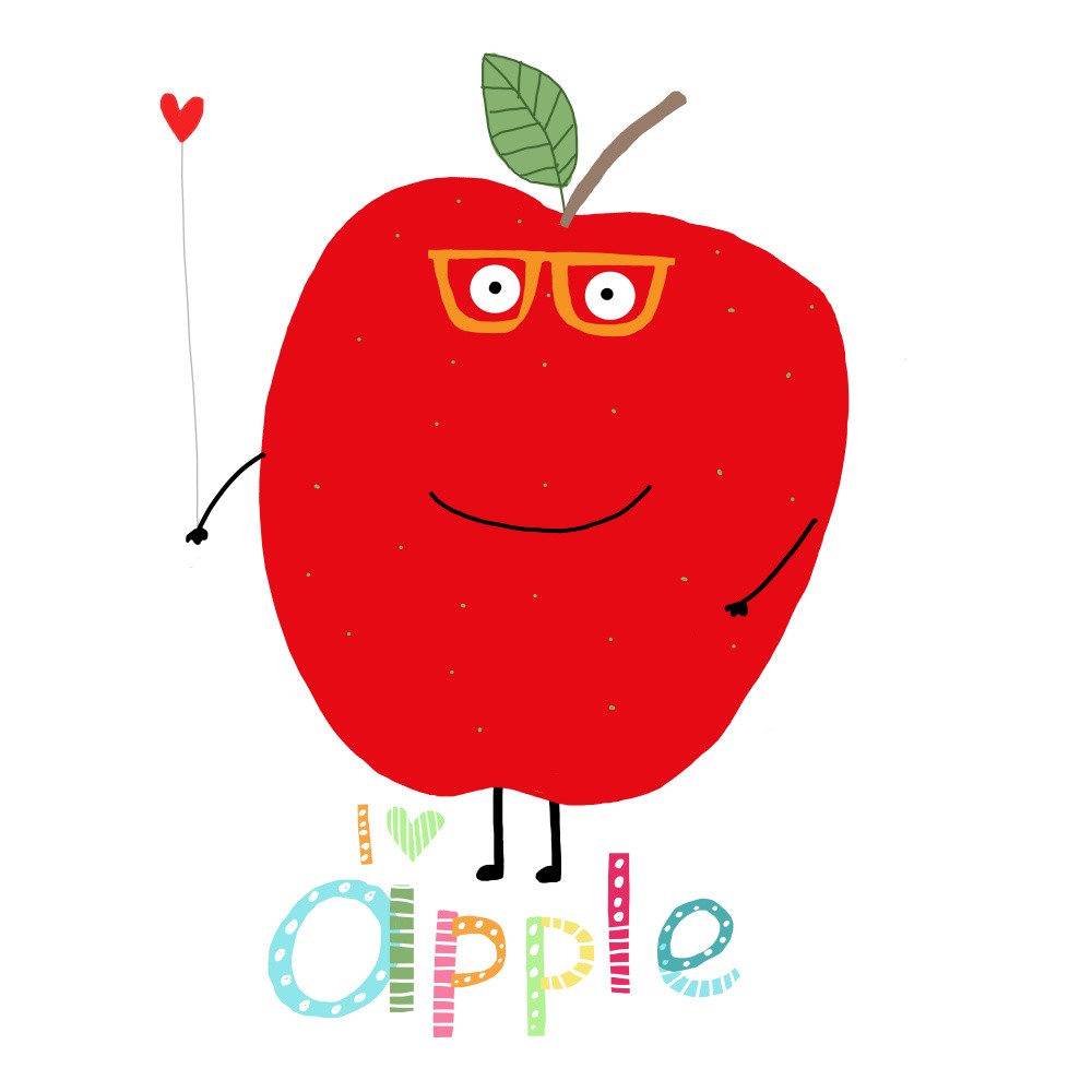 Ich liebe Apfel! Glücklicher Apfel hält ein Liebesherz.