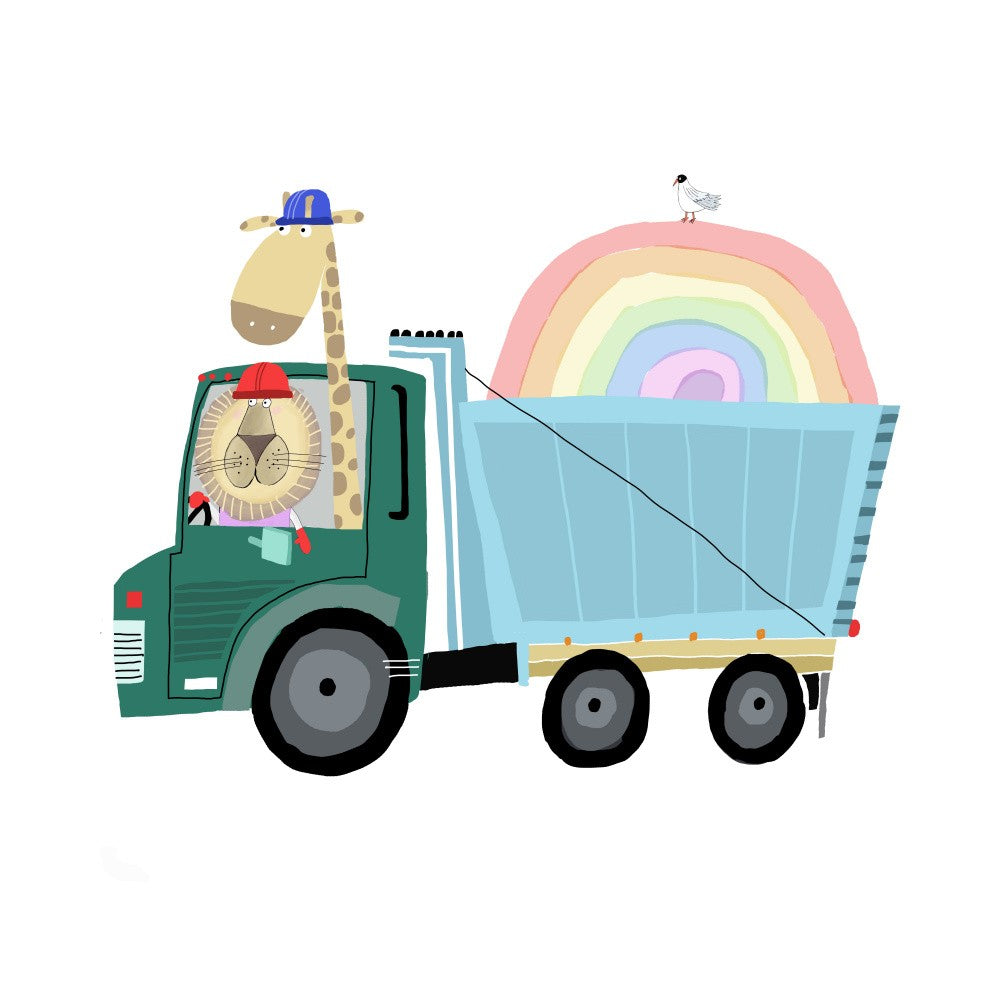 Löwe und Giraffe im Baufahrzeug mit Regenbogen