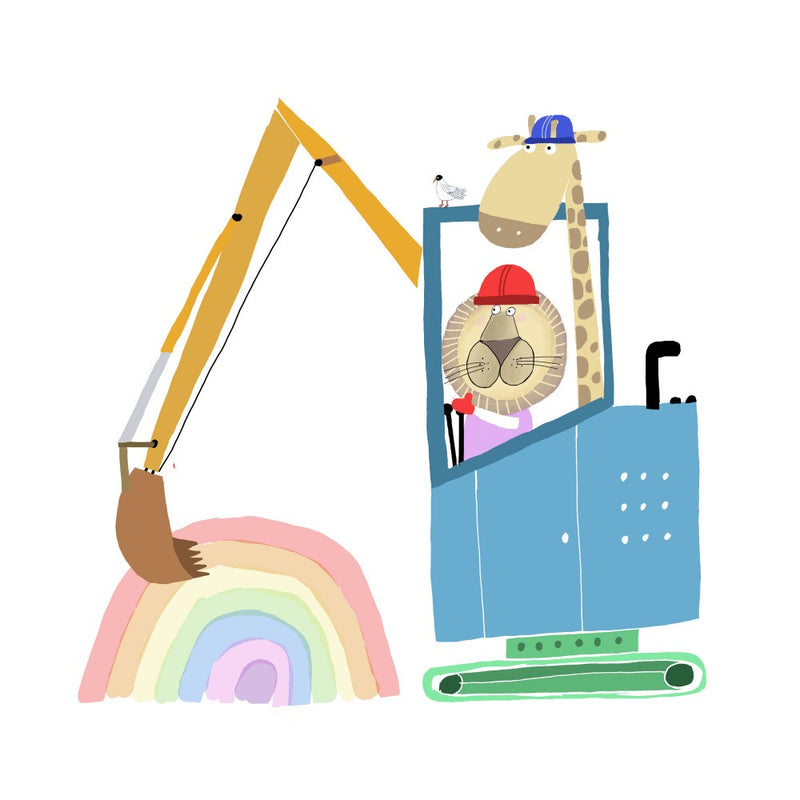 Lion and Giraffe Construction Wokers with Rainbow by Carla Daly