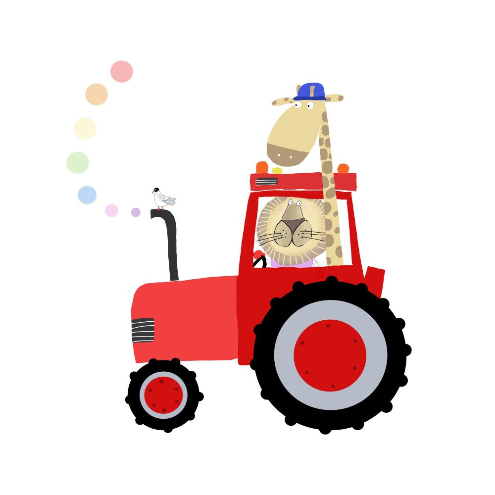 Giraffe und Löwe in rotem Traktor mit Regenbogenflecken von Carla Daly