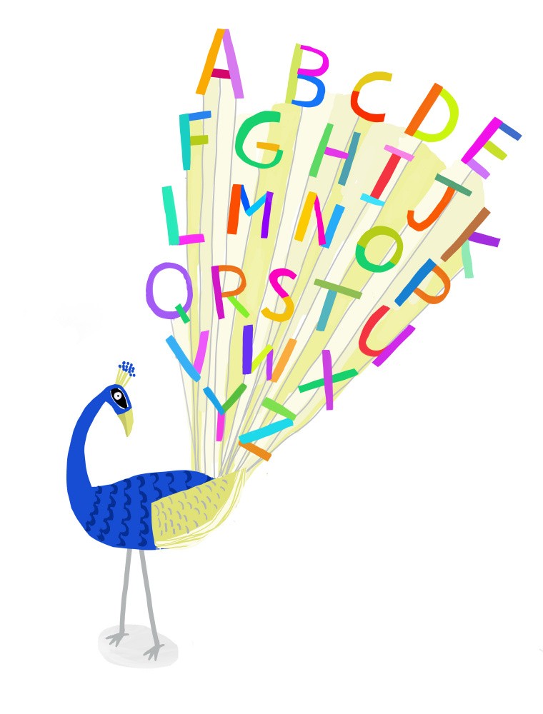 Beautiful Peacock with Alphabet Letters in Plume
