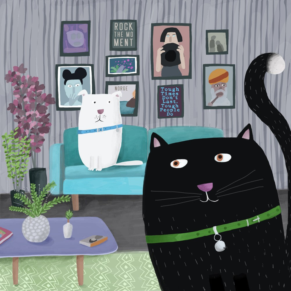 Black Cat and White Dog in Trendy Interior by Carla Daly