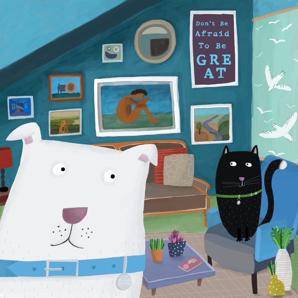 Cute White Dog with Black Cat in Designer Interior