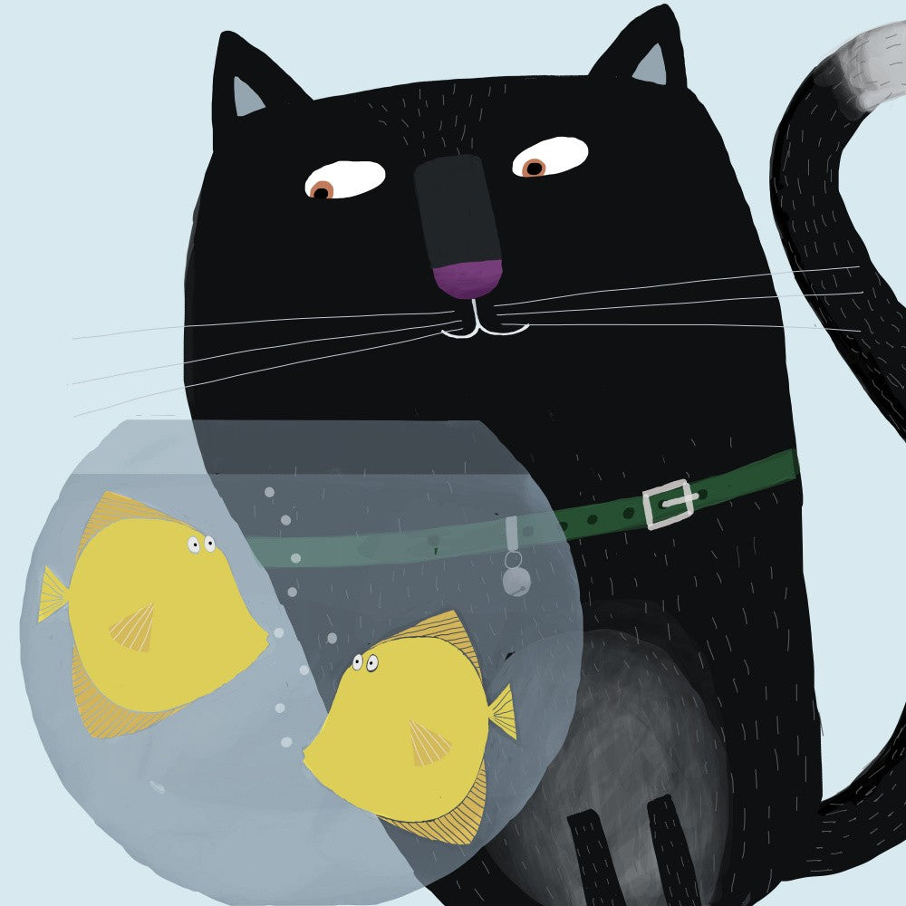 Black Cat Eyeing Up Yellow Fish in fish Bowl by Artist Carla Daly