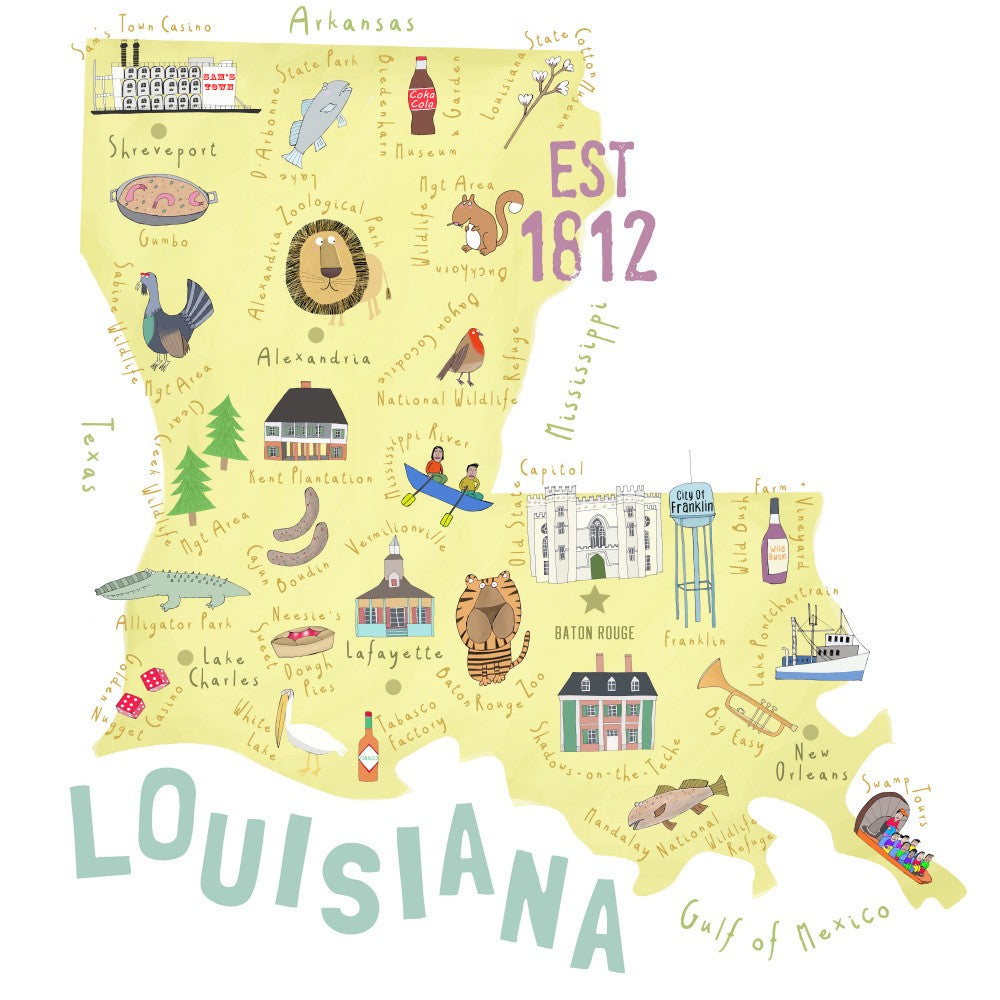 Beautifully Illustrated Map of Louisiana by Artist Carla Daly