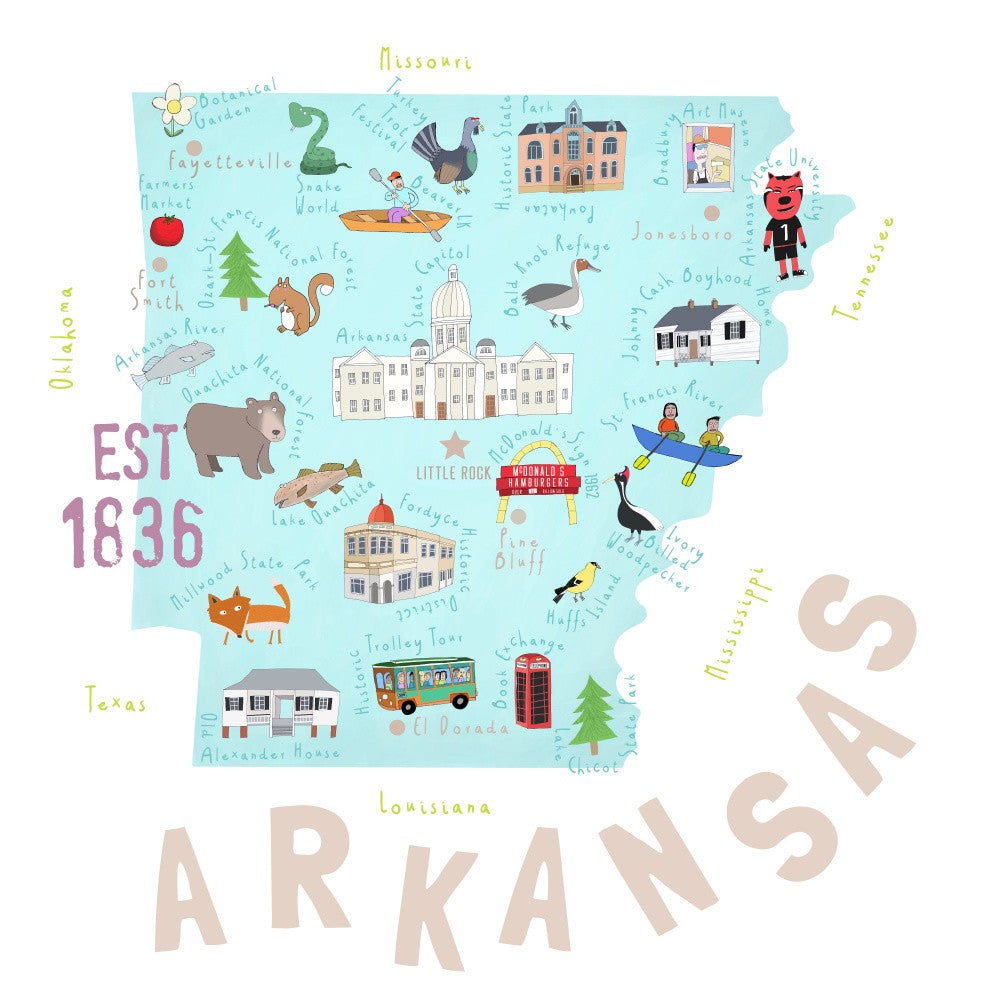 Karte von Arkansas illustriert von Künstler Carla Daly