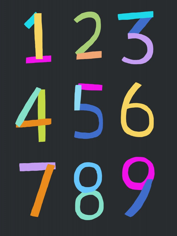 Hand Drawn Numbers 1 to 9 on Black Background by Artist Carla Daly