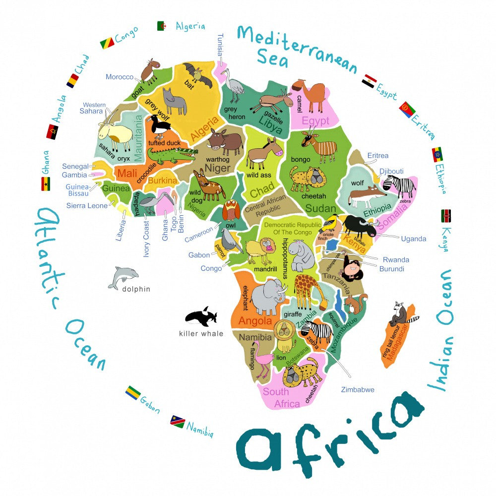 Illustrated Map of Africa with Countries and Cute Animals by Carla Daly