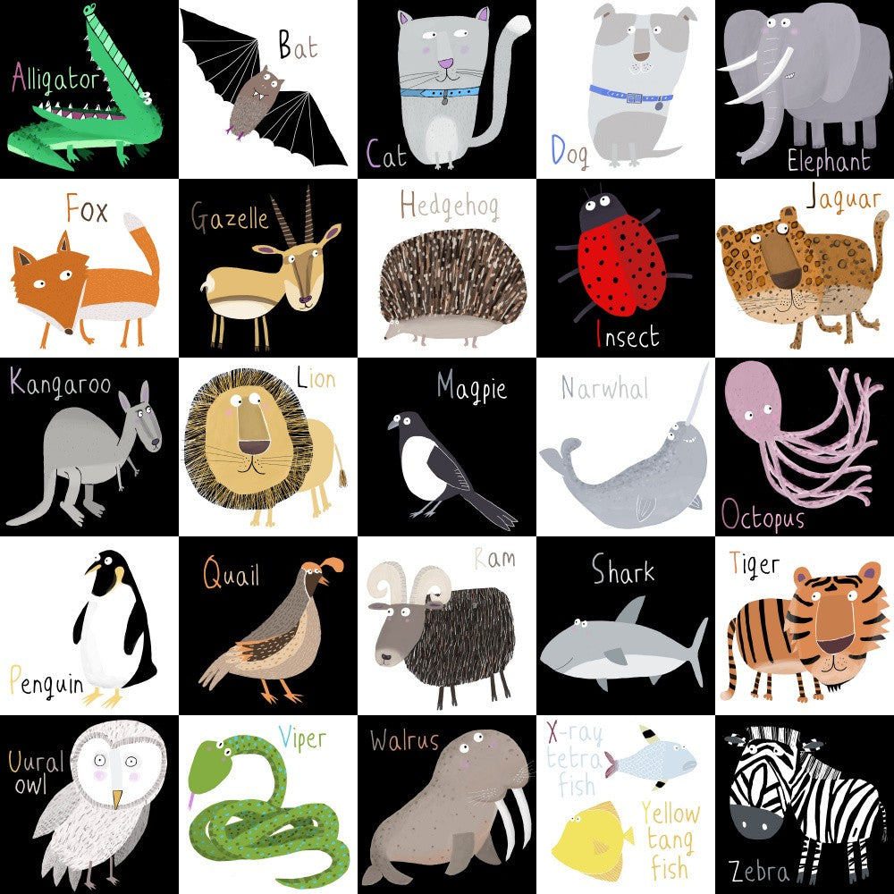 Cute Animal Alphabet with Black White Background by Artist Carla Daly