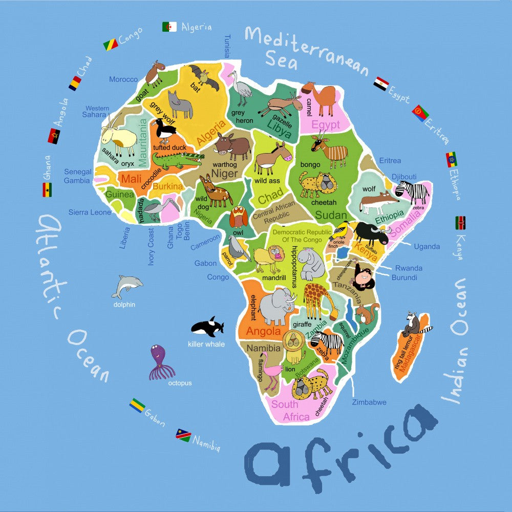 Illustrated Map of Africa with Countries and Cute Animals by Carla Daly