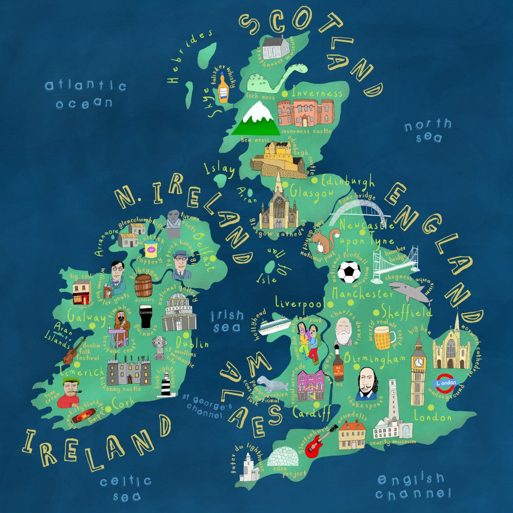 Map of UK and Ireland with Country Icons by Artist Carla Daly