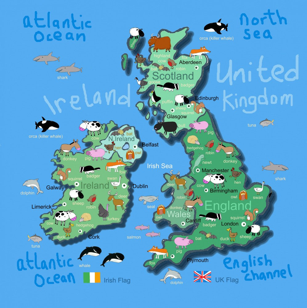 Illustrated Map of Ireland with Funny Animals by Artist Carla Daly