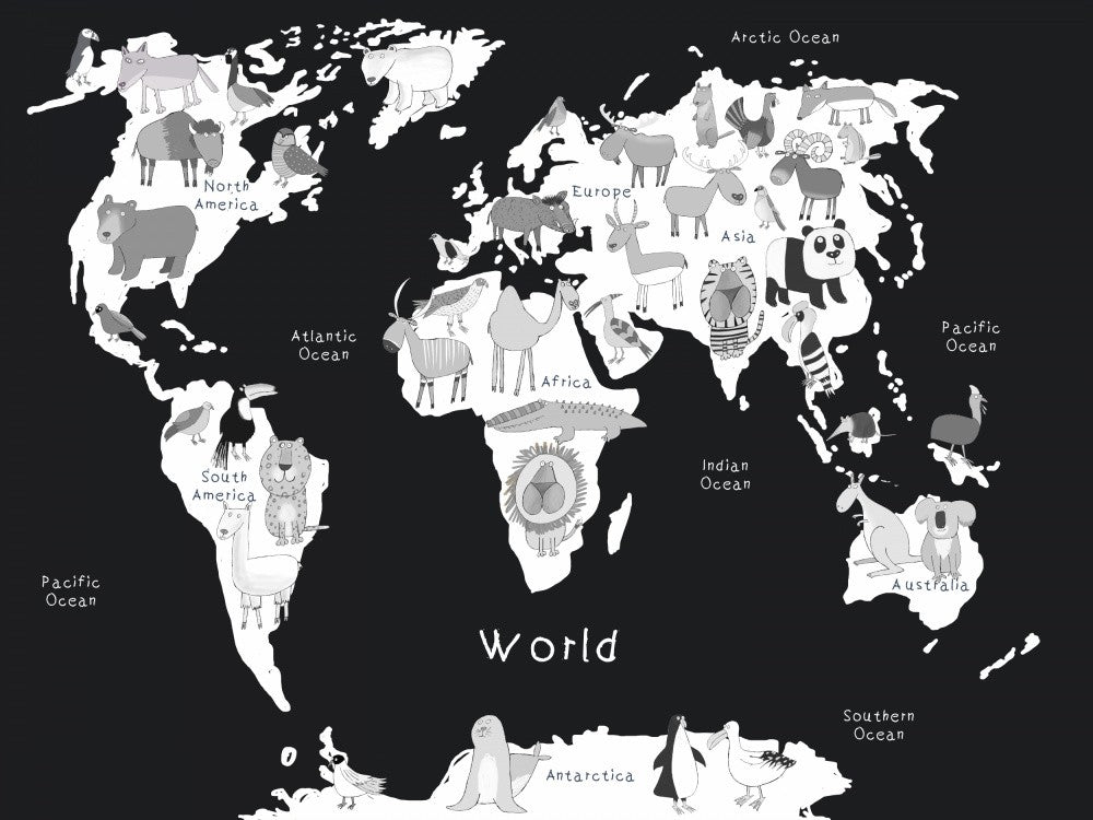 Black and White Illustrated Animal World Map by Carla Daly