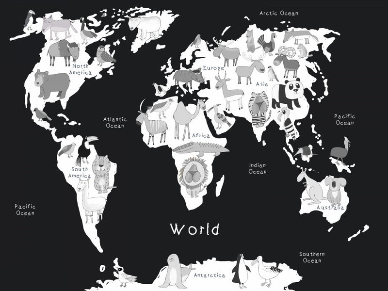 Black and White Illustrated Animal World Map by Carla Daly