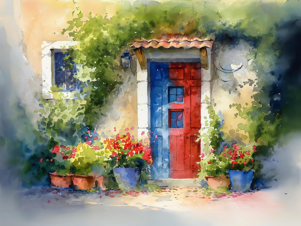 Aquarell Blaue und Rote Tür