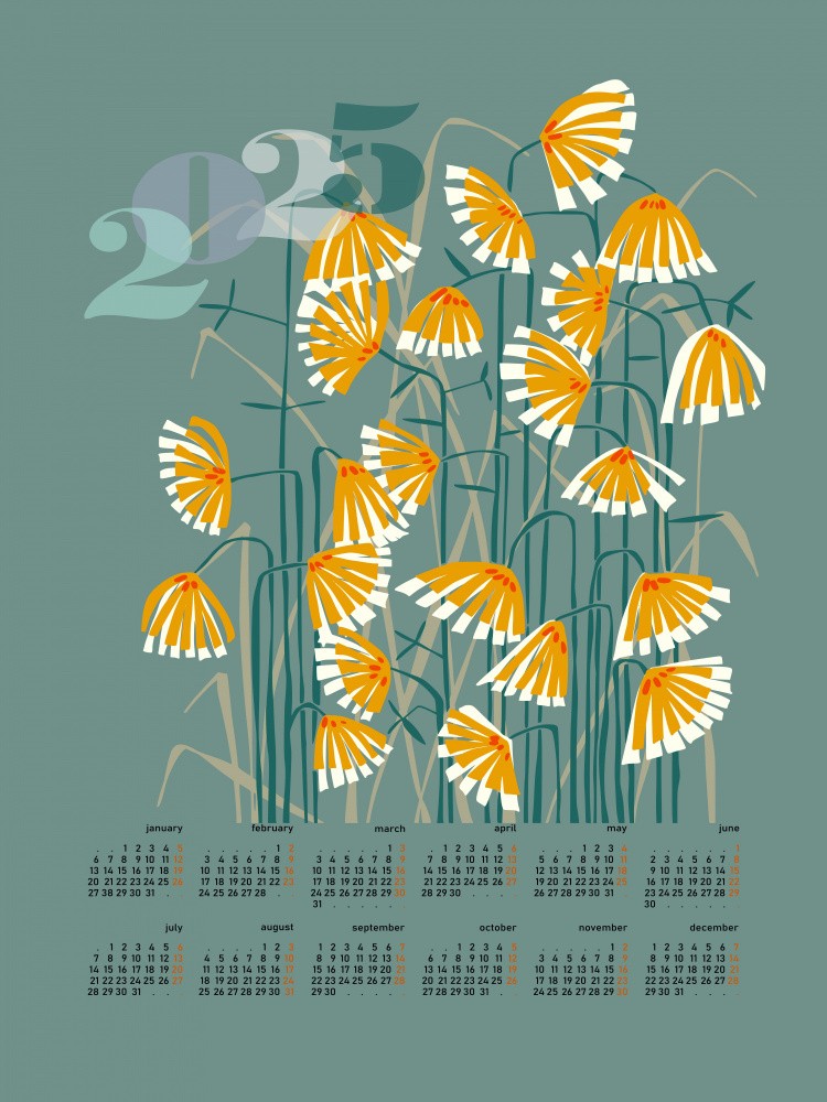calendar 2025 Linocut flowers green