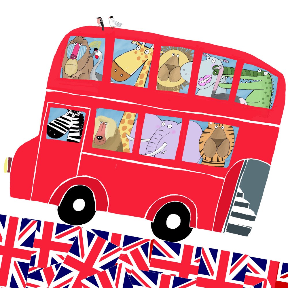 London Bus Full of Jungle Animals with UK Flag Design
