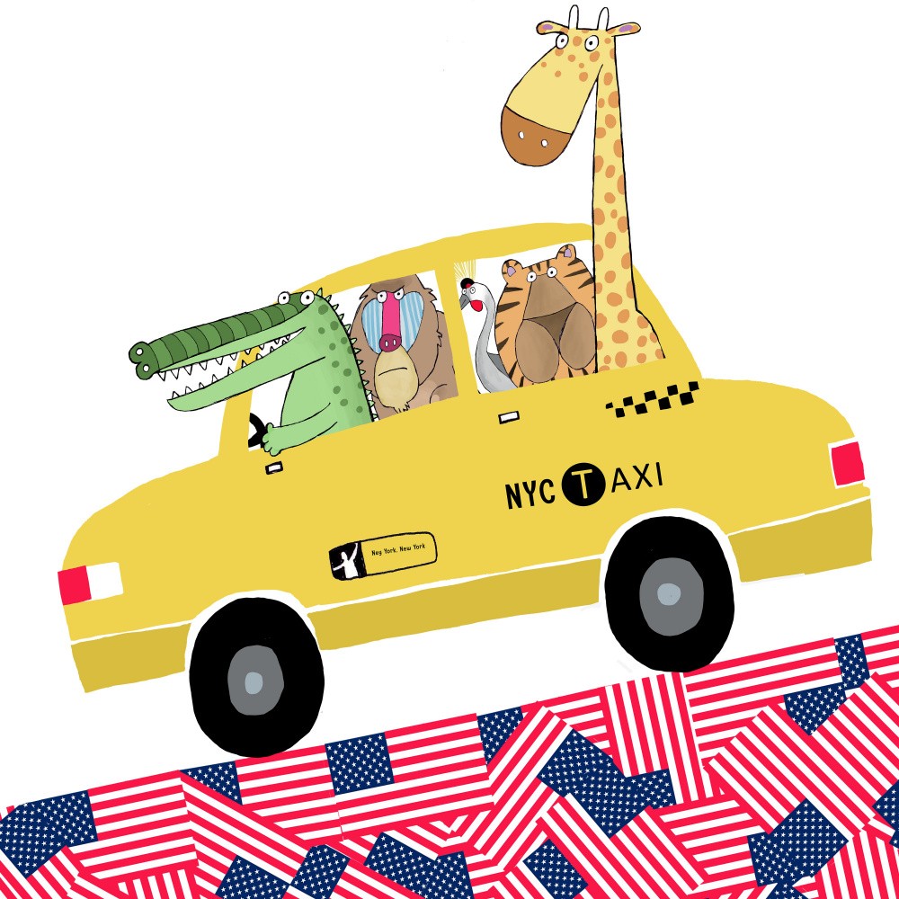 Funny Animals in a New York Yellow Cab by Artist Carla Daly