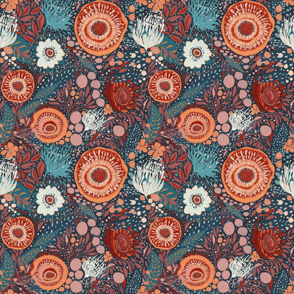 whimsical folk art-inspired pattern. Hand-painted flowers and foliage