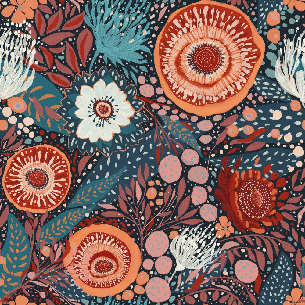 whimsical folk art-inspired pattern. Hand-painted flowers and foliage