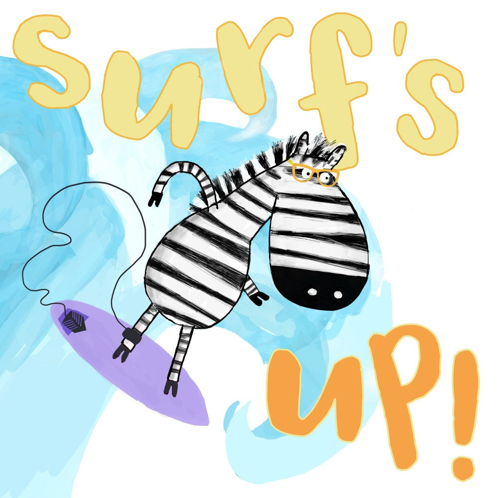 Auf die Welle! Niedliches Zebra beim Surfen auf den Wellen von Künstlerin Carla Daly
