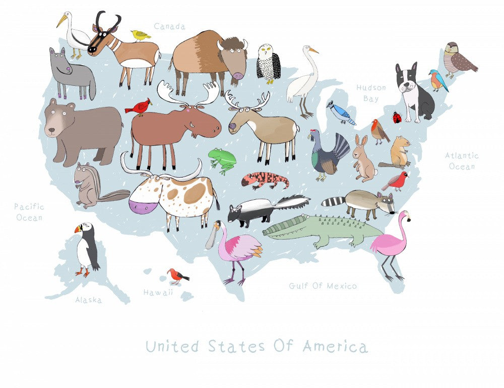 United States of America with Cute Animals by Artist Carla Daly