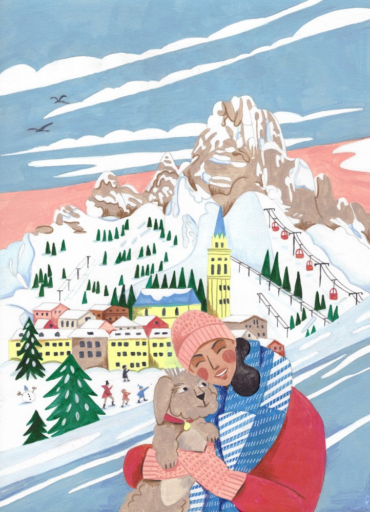 Winter Scene Woman and Dog Christmas