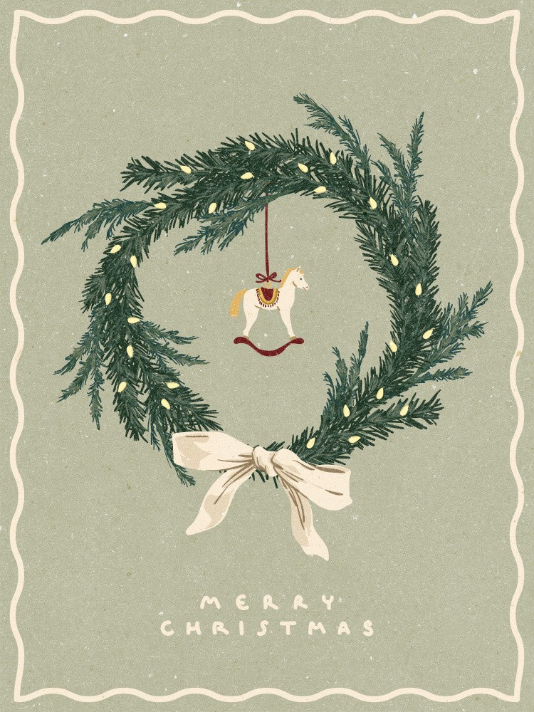 Horses toy on Christmas wreath with bow