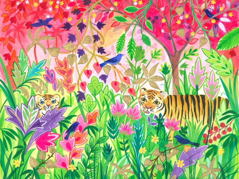 Peinture de Jungle avec Feuillage Luxuriant et Animaux Exotiques