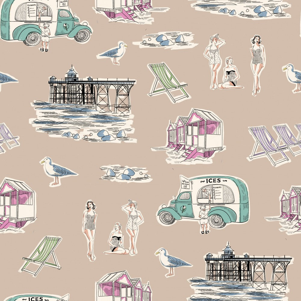 Retro Beach Bathers Toile Taupe