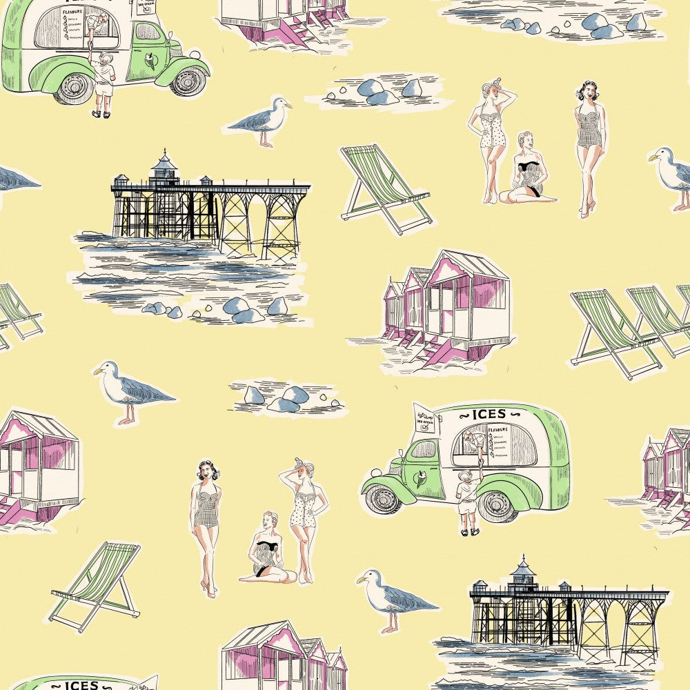 Retro Beach Bathers Toile primrose