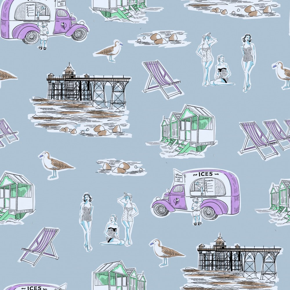 Retro Beach Bathers Toile Blau