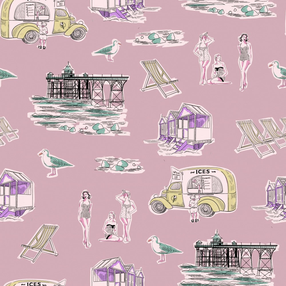 Retro Beach Bathers Toile Rosa