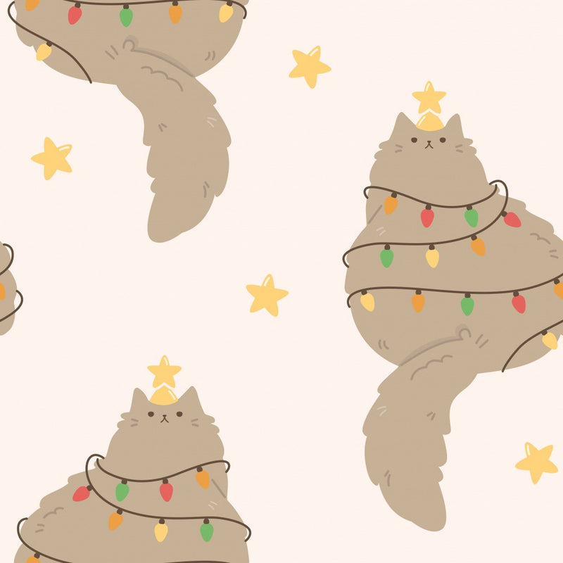 Christmas Cat Pattern – Fluffy Kittens Wrapped in Lights as Christmas Trees - Beige