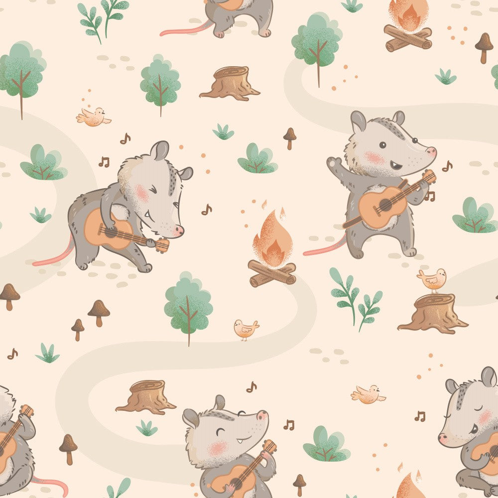 Niedliche Opossums spielen Gitarre im Wald Beige