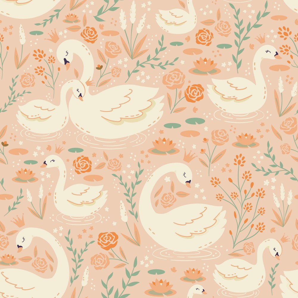 White Swans With Crowns and Lilies On Lake - Orange