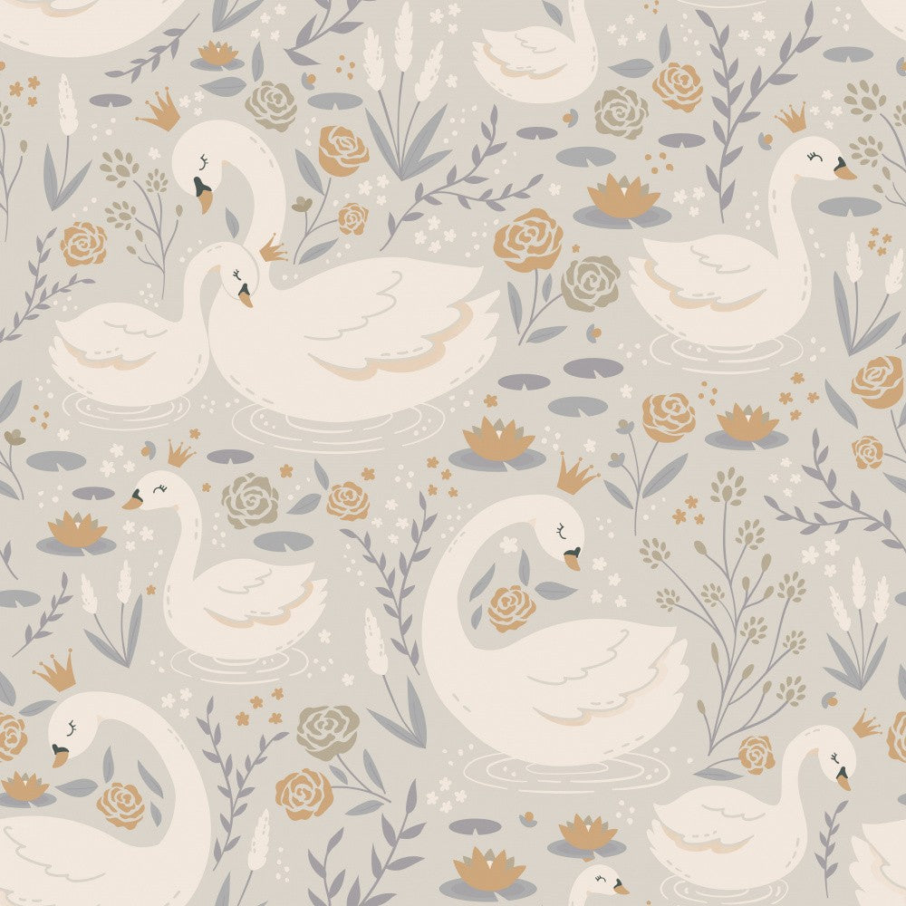 White Swans With Crowns and Lilies On Lake Blue
