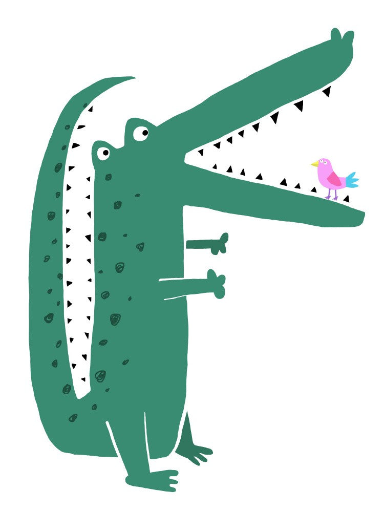 Crocodile with Cute Bird by Carla Daly