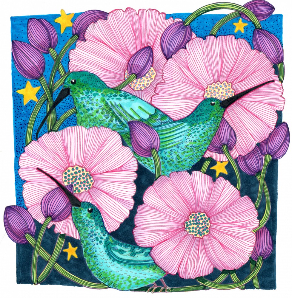 3 Hummingbirds and pink flowers