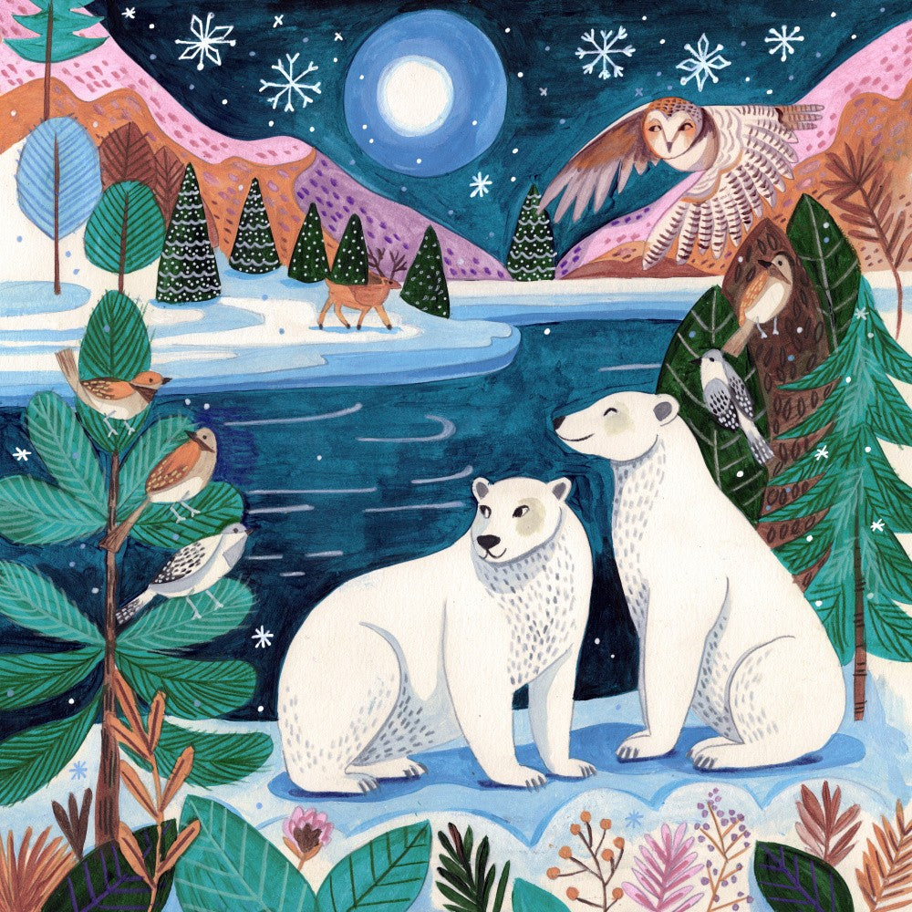 Polar bears Christmas at the North Pole under the moon