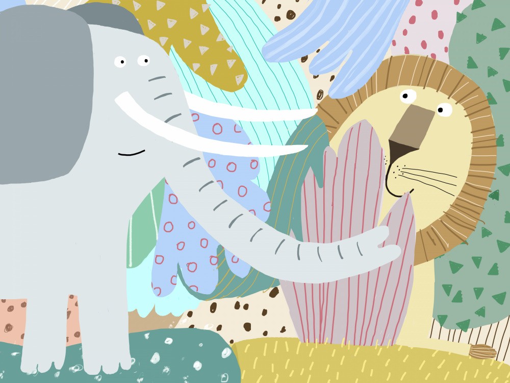 Cute Elephant with Lion Peeking Out of the Jungle