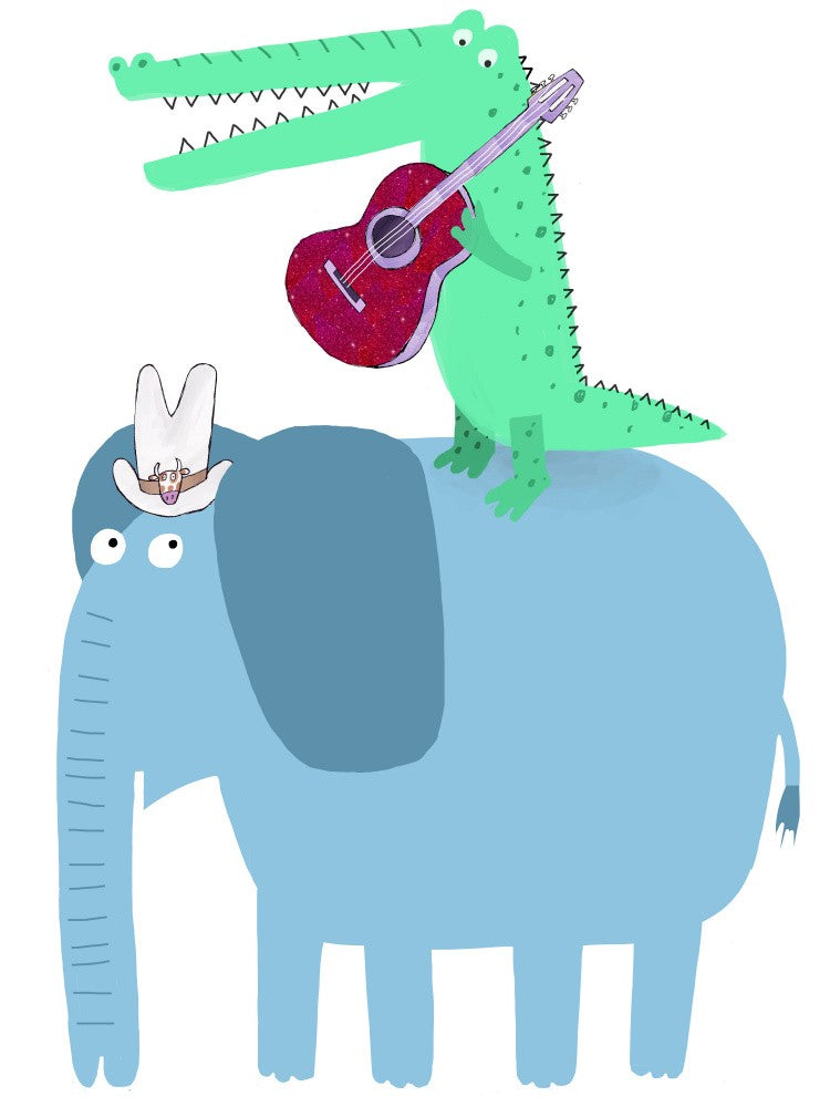 Elefant mit Gitarre spielendem Krokodil von Carla Daly