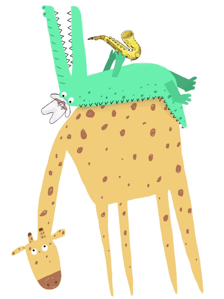 Funny Crocodile Playing the Saxophone on a Cute Giraffe