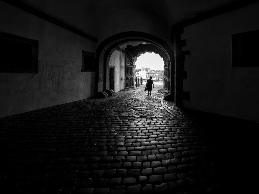 Walking towards the outside of the building