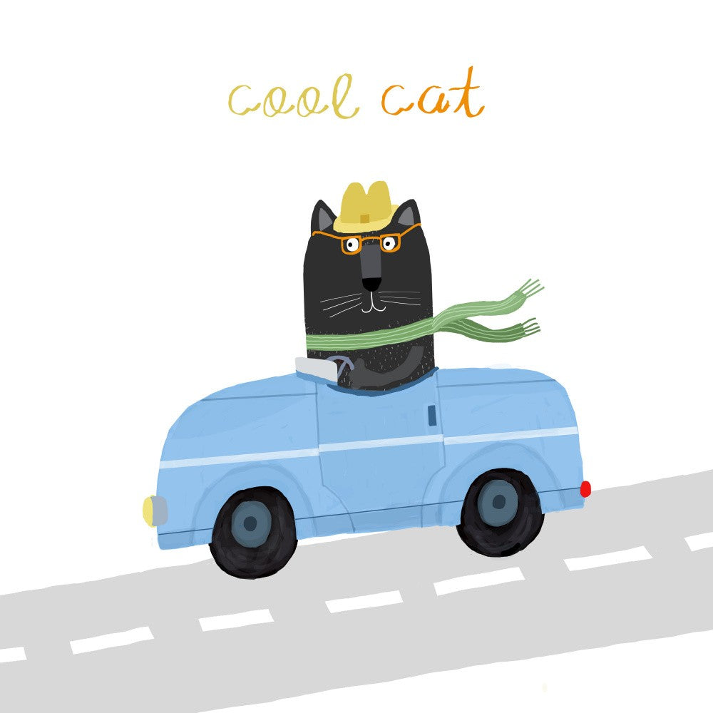 Cool Cat, Cute Black Cat in a Blue Car