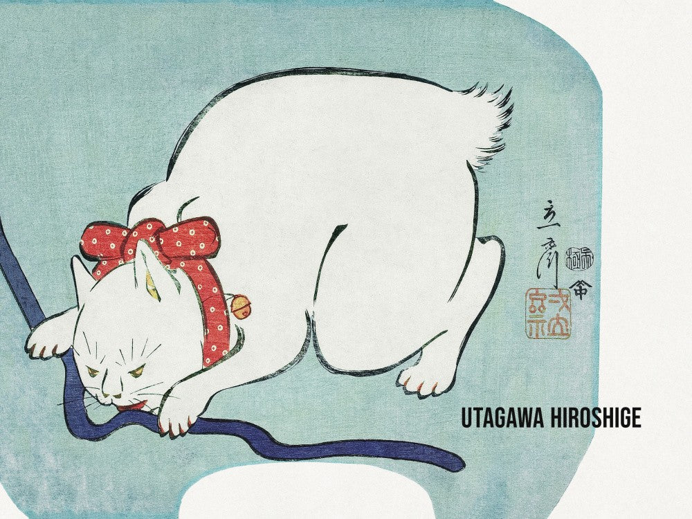 Japanese White Cat (1863) Vintage Woodblock Print