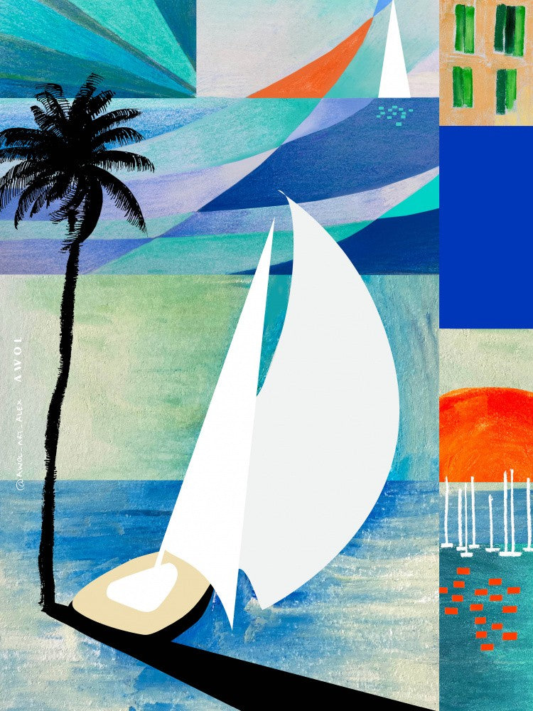 Colourful Mediterranean Travel Art Print With Sunrise And Palm Tree