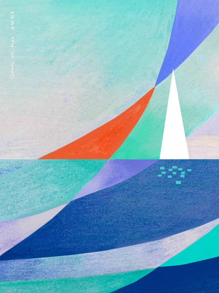 Abstract Ocean Art With Minimalist White Sailboat On The Sea