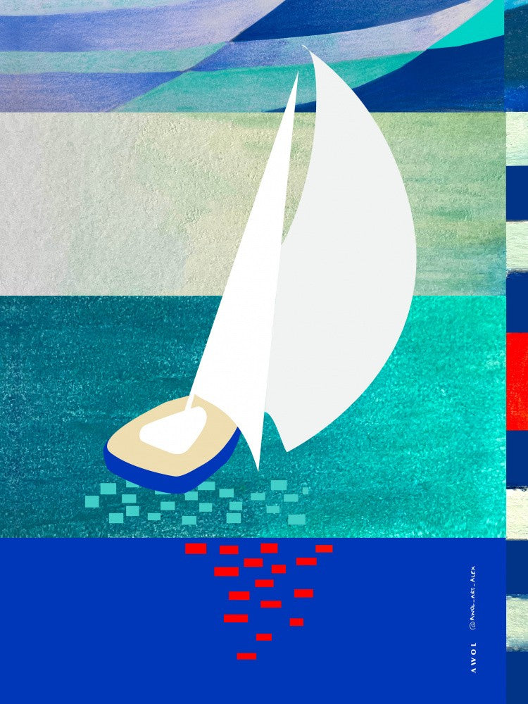 White Sailboat With Reflections, Abstract Sea Art With Graphic Stripes